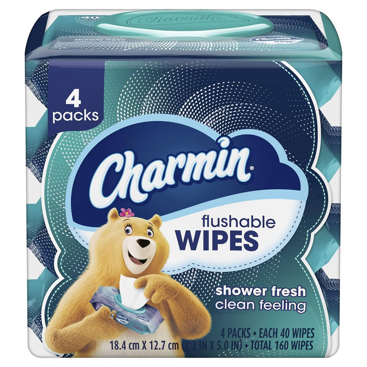 Charmin flushable wipes box, teal and blue packaging with 4 packs indicated