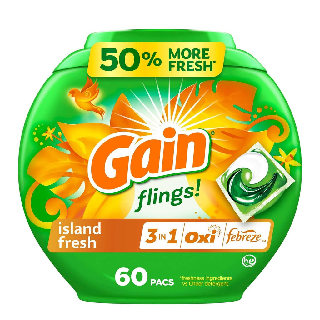 Gain flings laundry detergent pacs container, green orange island fresh, 60 count