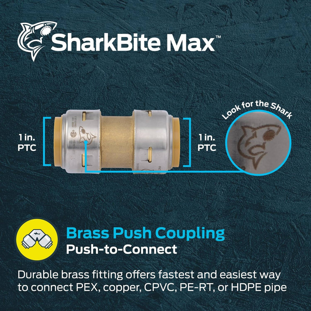 Brass push coupling for 1 in PTC pipes with SharkBite Max metal fitting