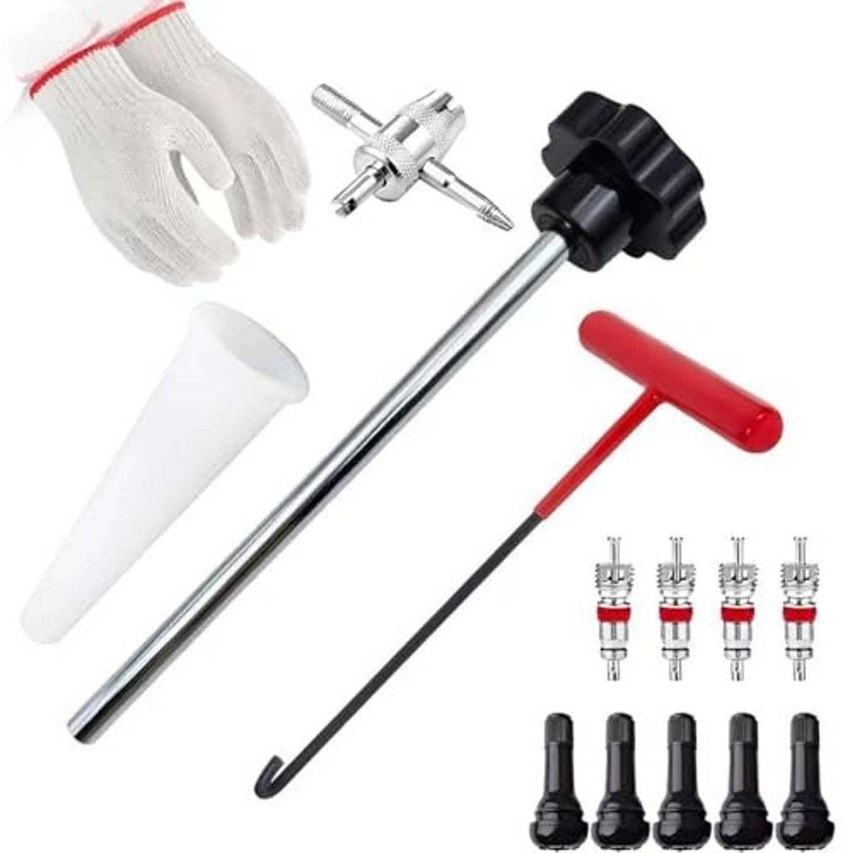 Tire valve stem removal tool kit with red hook handle, metal shaft, and valve core pieces