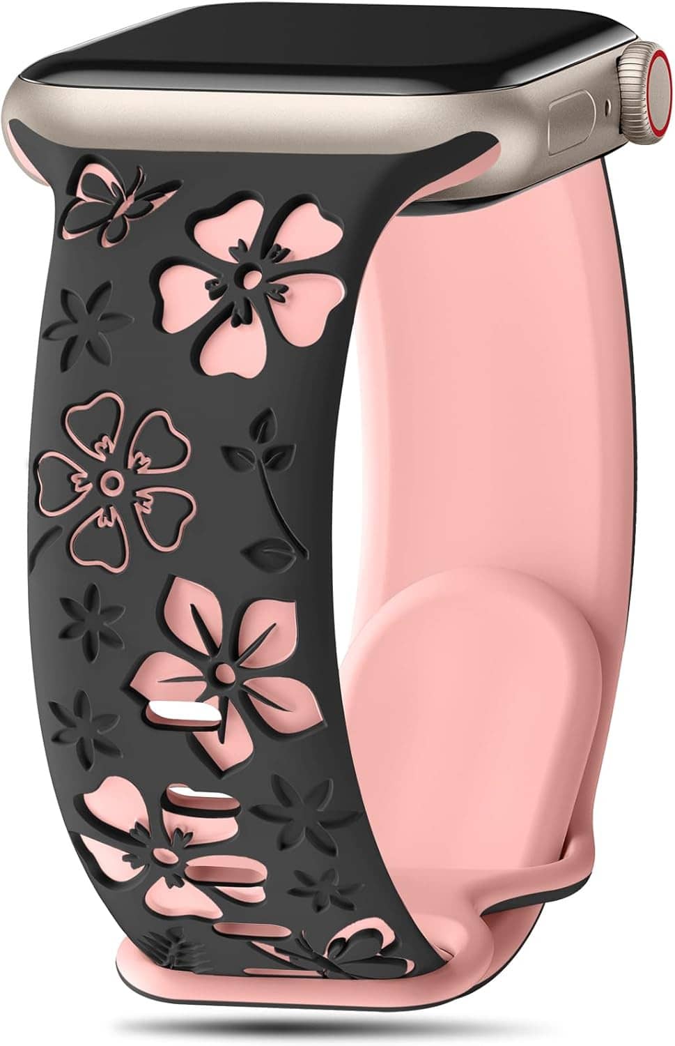 Floral engraved smartwatch band in black with pink floral engravings and rounded clasp