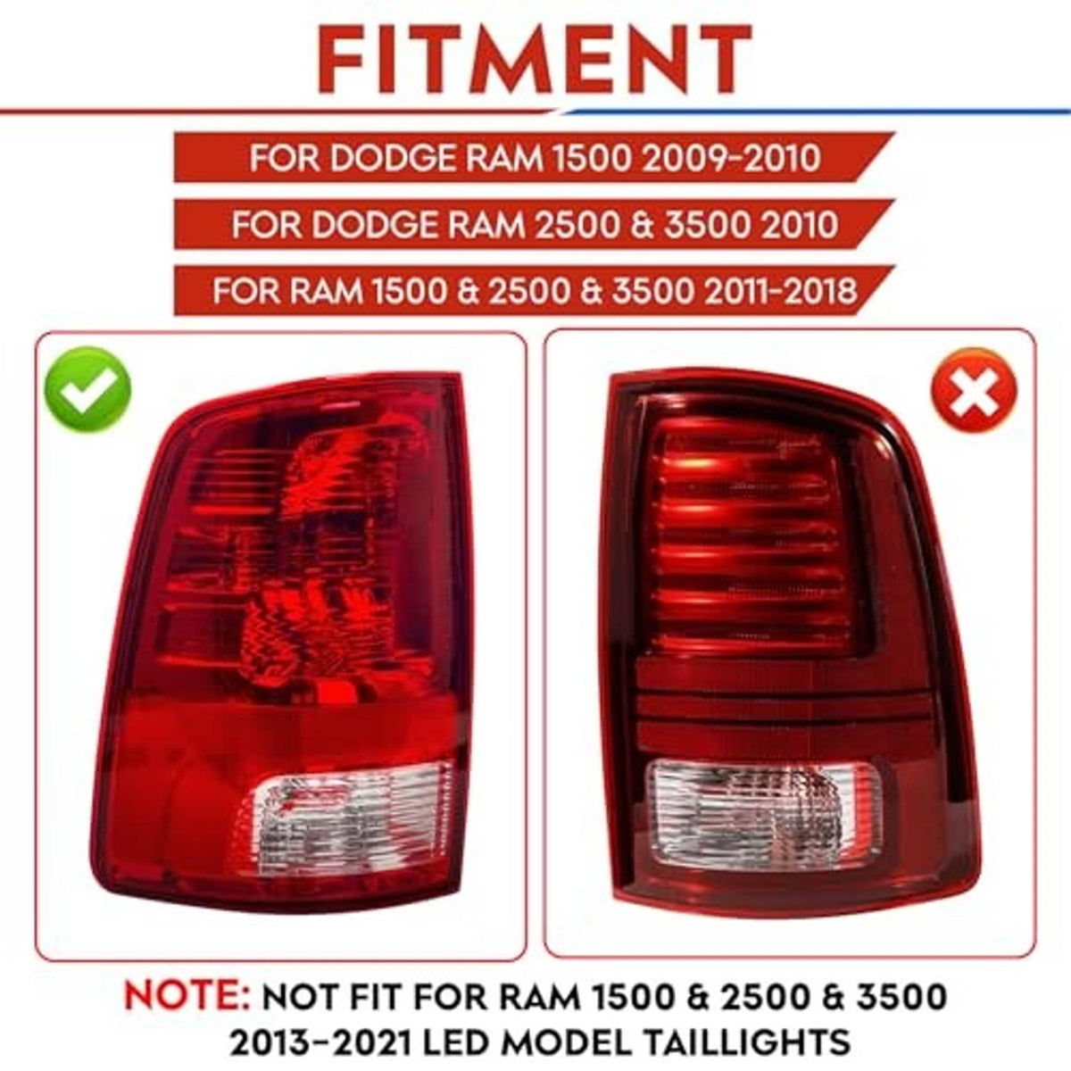 LED taillight fitment graphic showing compatible and incompatible versions