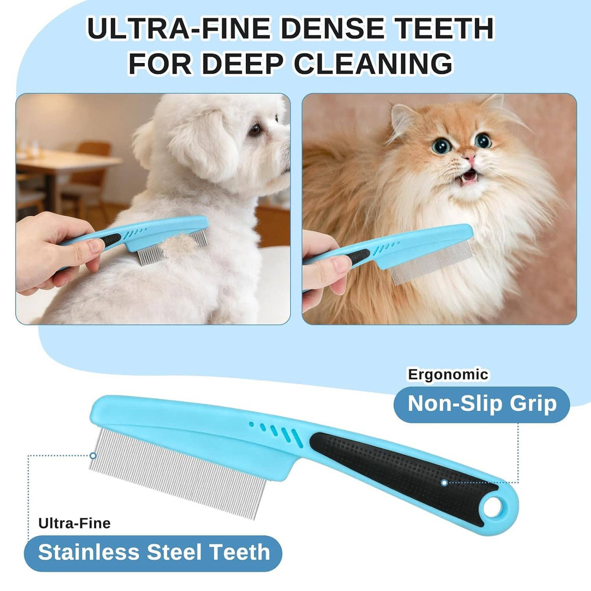 Pet grooming comb with ultra-fine dense stainless teeth and non-slip blue ergonomic handle