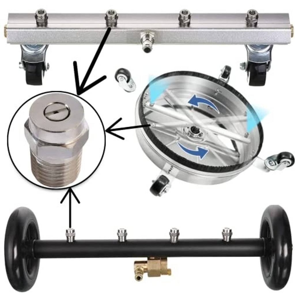 Universal pressure washer threaded spray nozzle tip set with installation on mounting bar