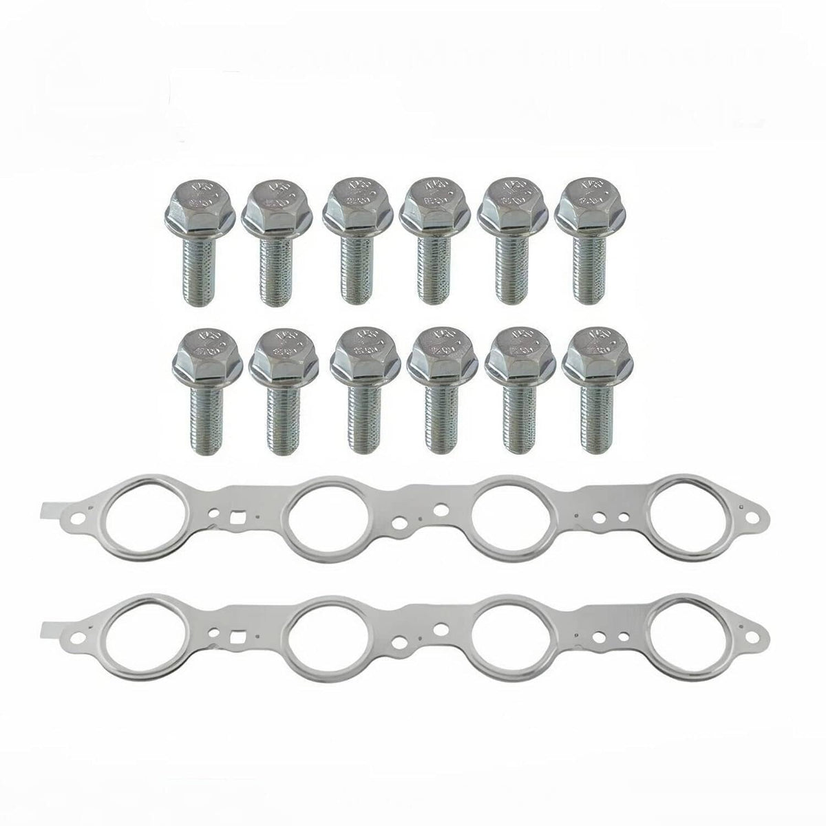 Two exhaust manifold header gaskets with bolt holes plus matching hex-head bolts