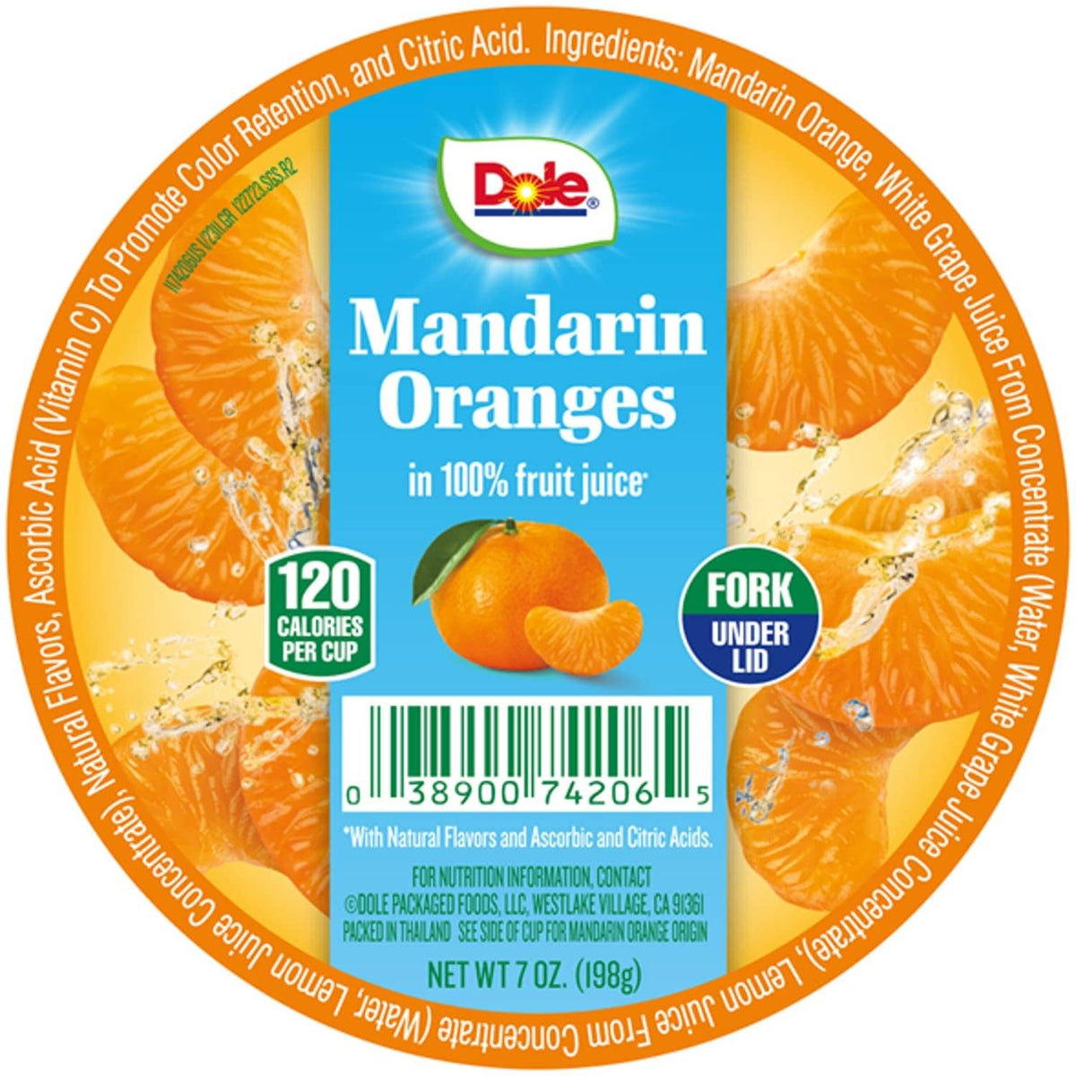 Mandarin Oranges fruit cup back label with ingredients and barcode