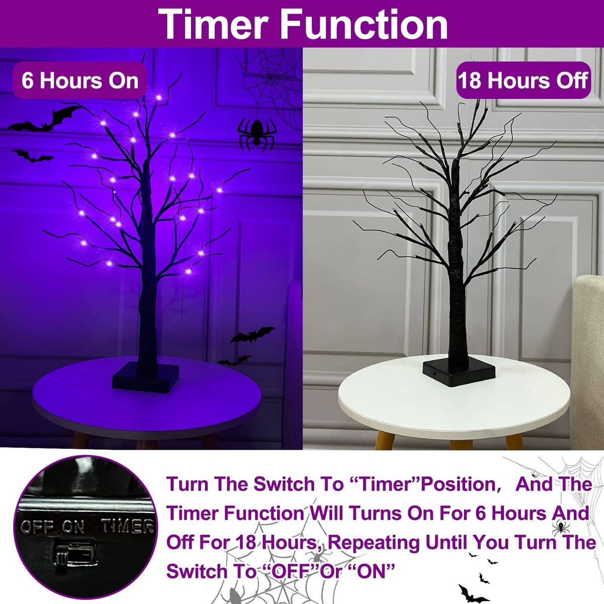 Two birch-style tabletop light trees: LED lights on for 6 hours and off for 18