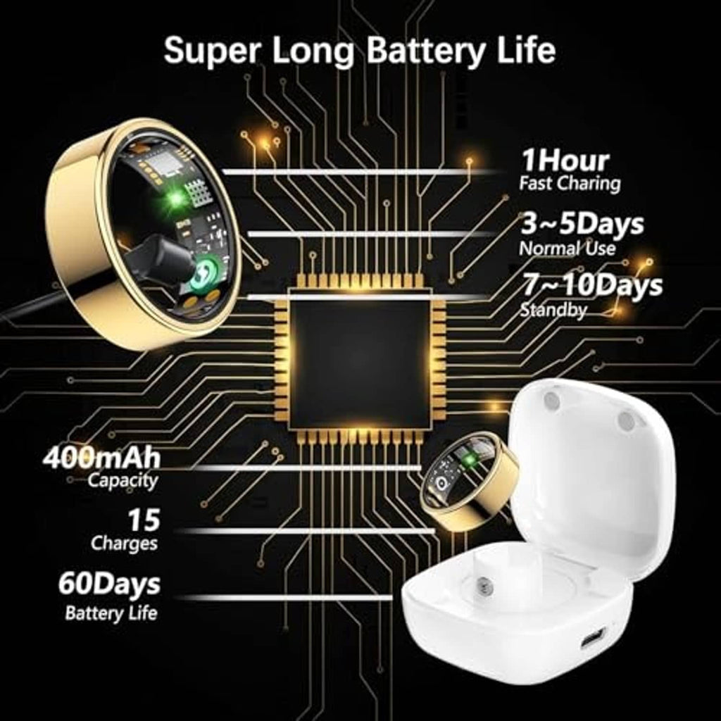Gold smart health ring with illuminated sensor screen and white charging dock