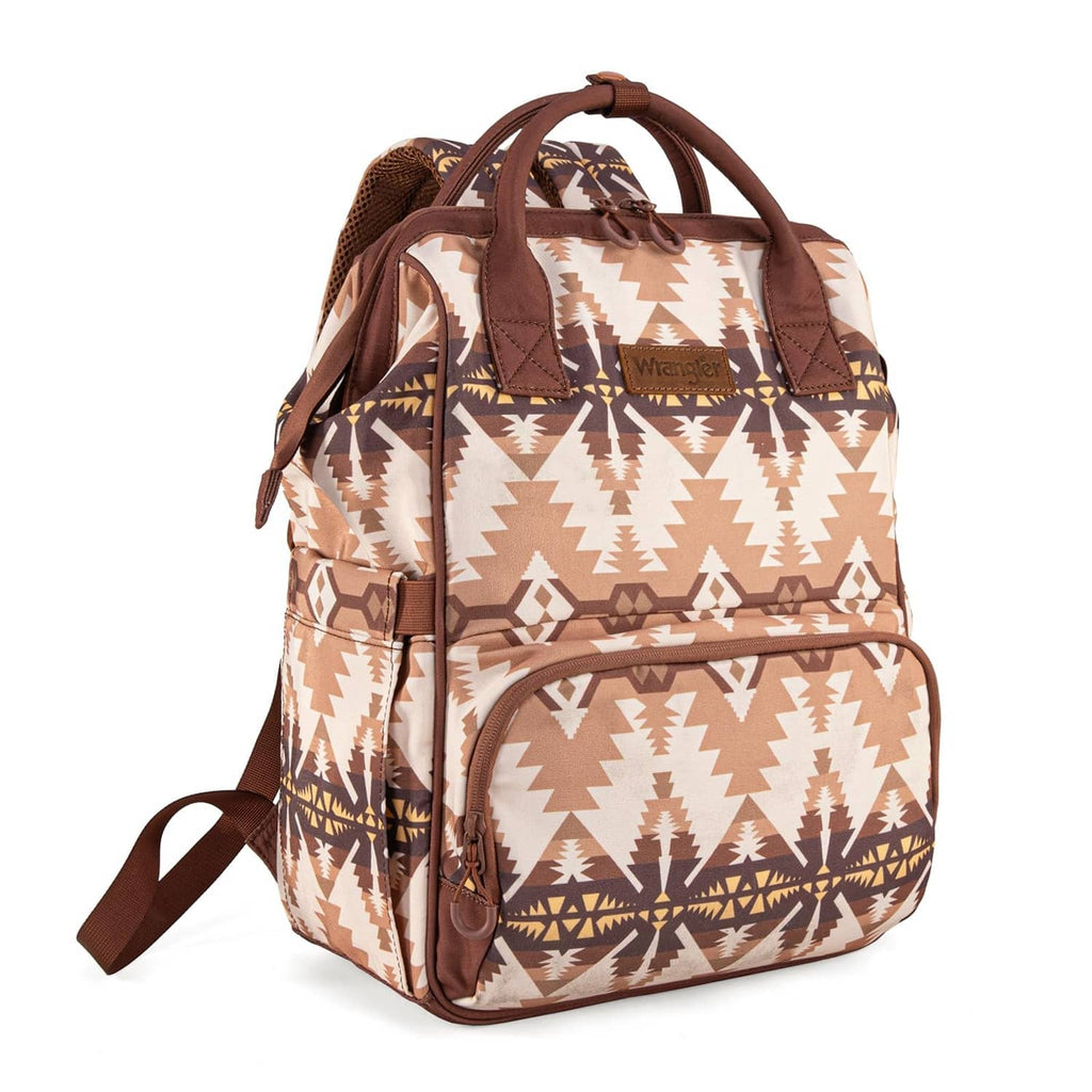 Wrangler Callie diaper bag, beige aztec print with brown front pocket and side straps