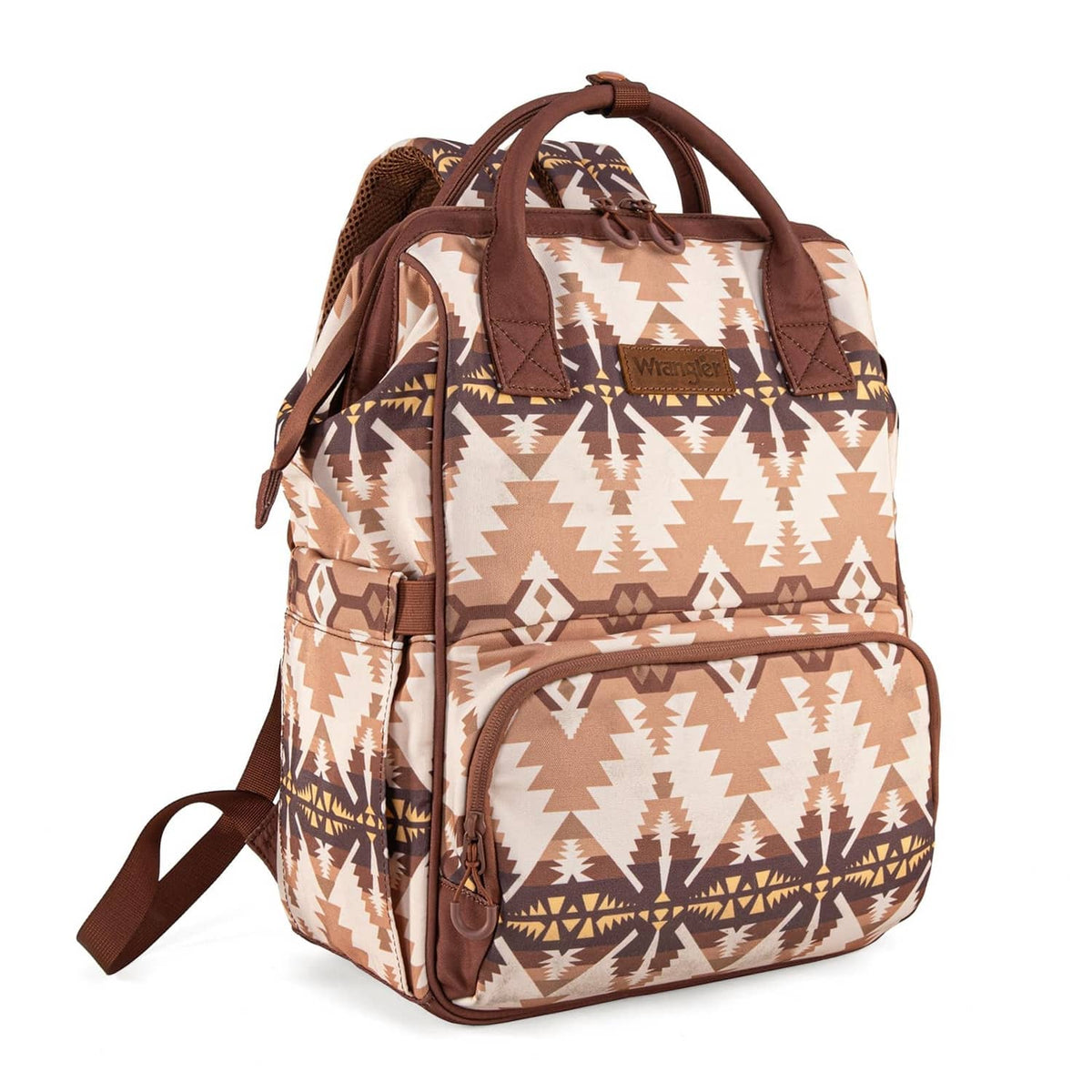 Wrangler Callie diaper bag, beige aztec print with brown front pocket and side straps
