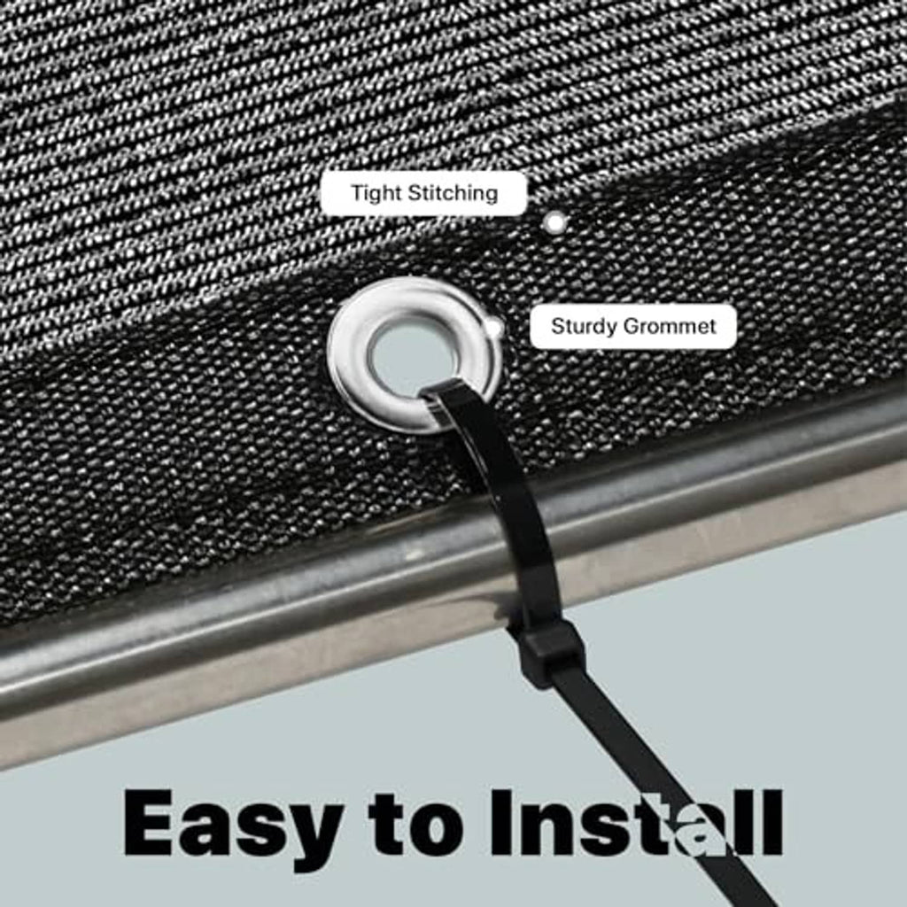 Close-up of black shade cloth edge with metal grommet for easy installation