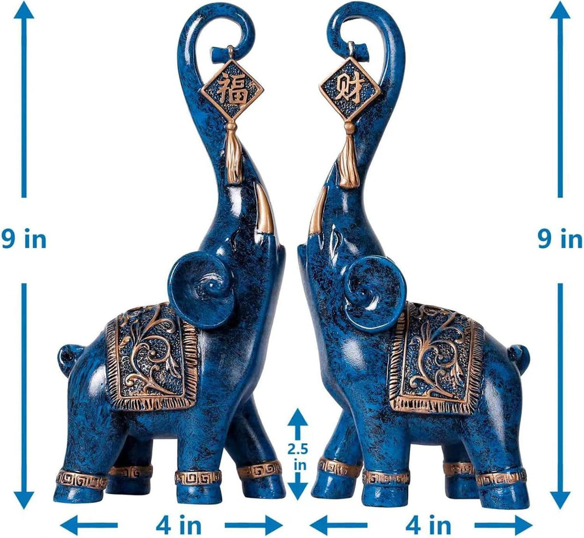 Pair of blue elephant luck statues with hanging diamond charms and gold accents