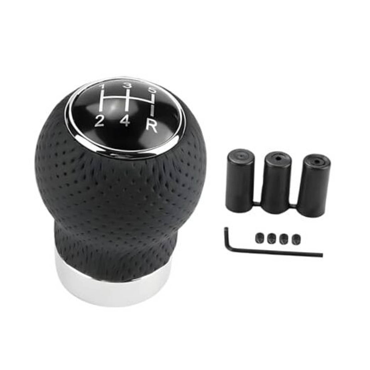Perforated black leather 5-speed shift knob with chrome gear dial and included adapters