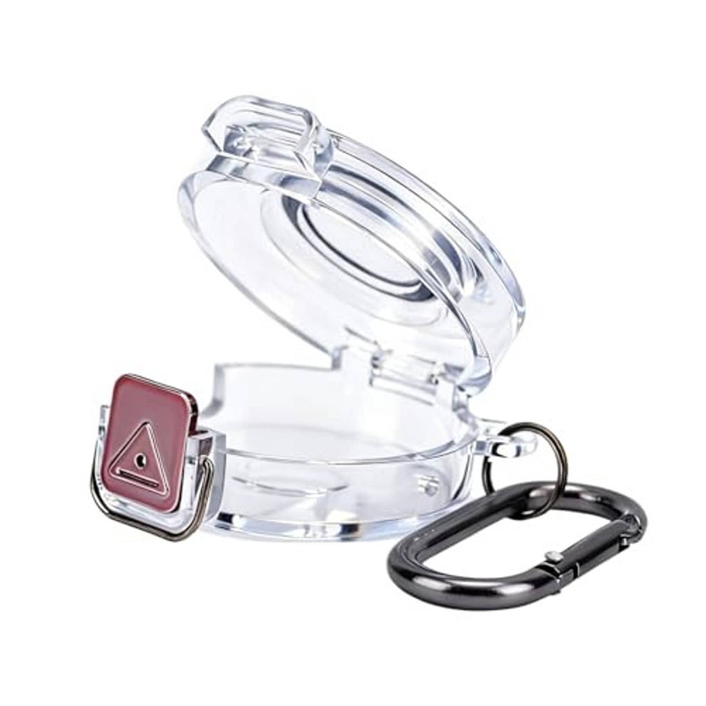 Clear protective charging case with red port badge and metal carabiner keyring