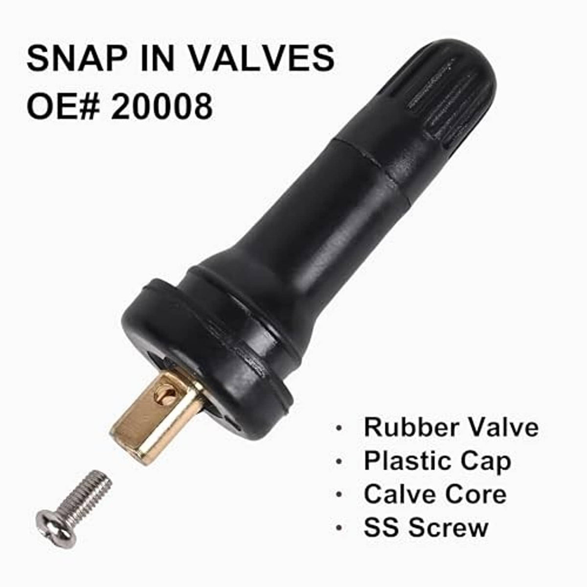 Snap-in tire valve stem with black rubber body, brass stem, and plastic cap