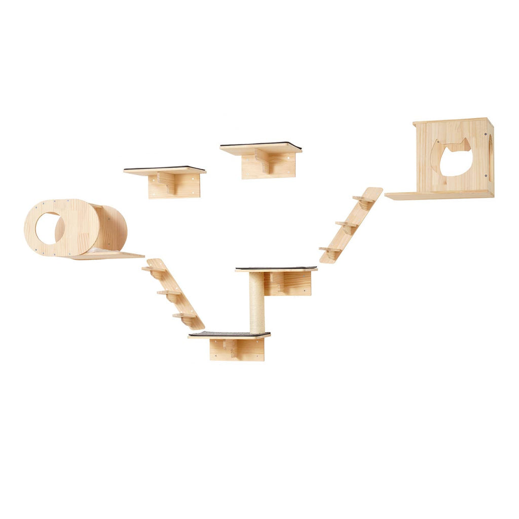 Wall-mounted cat shelf tree set with light wood perches, ladder ramp, and enclosed house