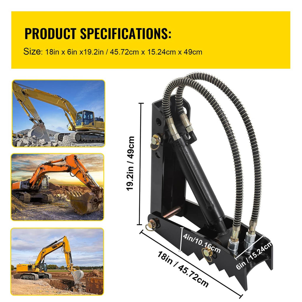 Backhoe thumb claw attachment with black steel frame and hydraulic hose set