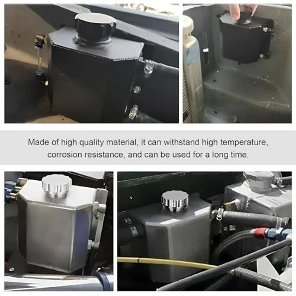 Black coolant overflow tank installed in engine bay with connected hoses and top cap