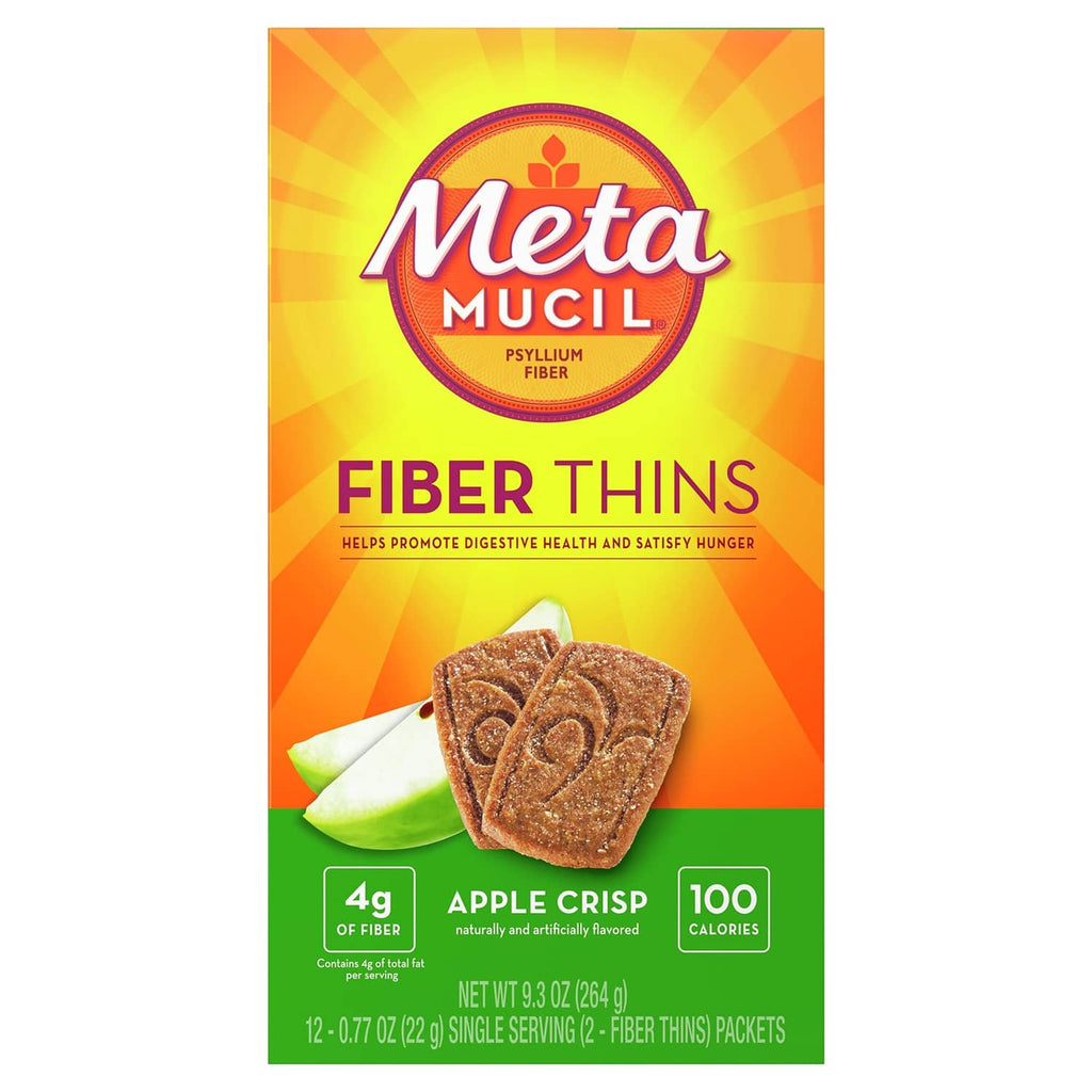 Metamucil Fiber Thins apple crisp psyllium fiber packet with 4g fiber label
