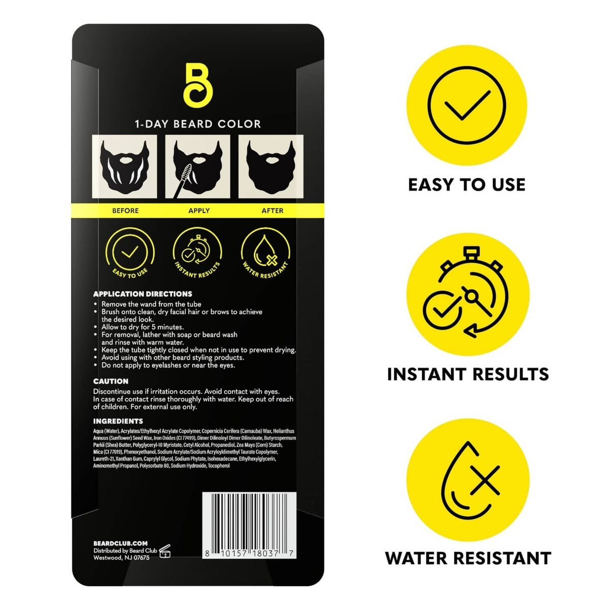 Temporary beard dye package back panel with use instructions and feature icons