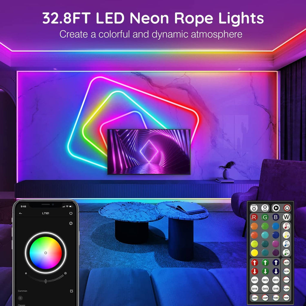 RGB LED neon rope lights glowing in room with controller remote on display