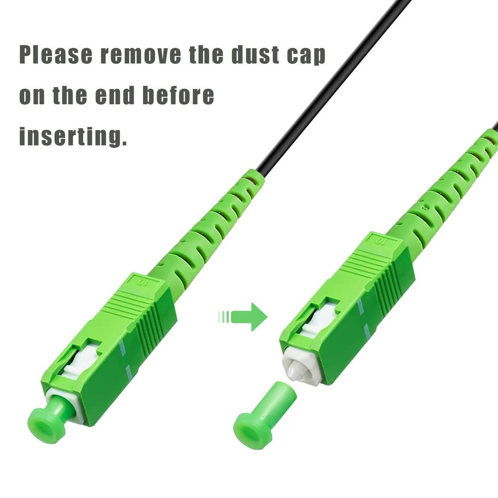 Green SC/APC fiber optic connectors on black cable with dust cap removed