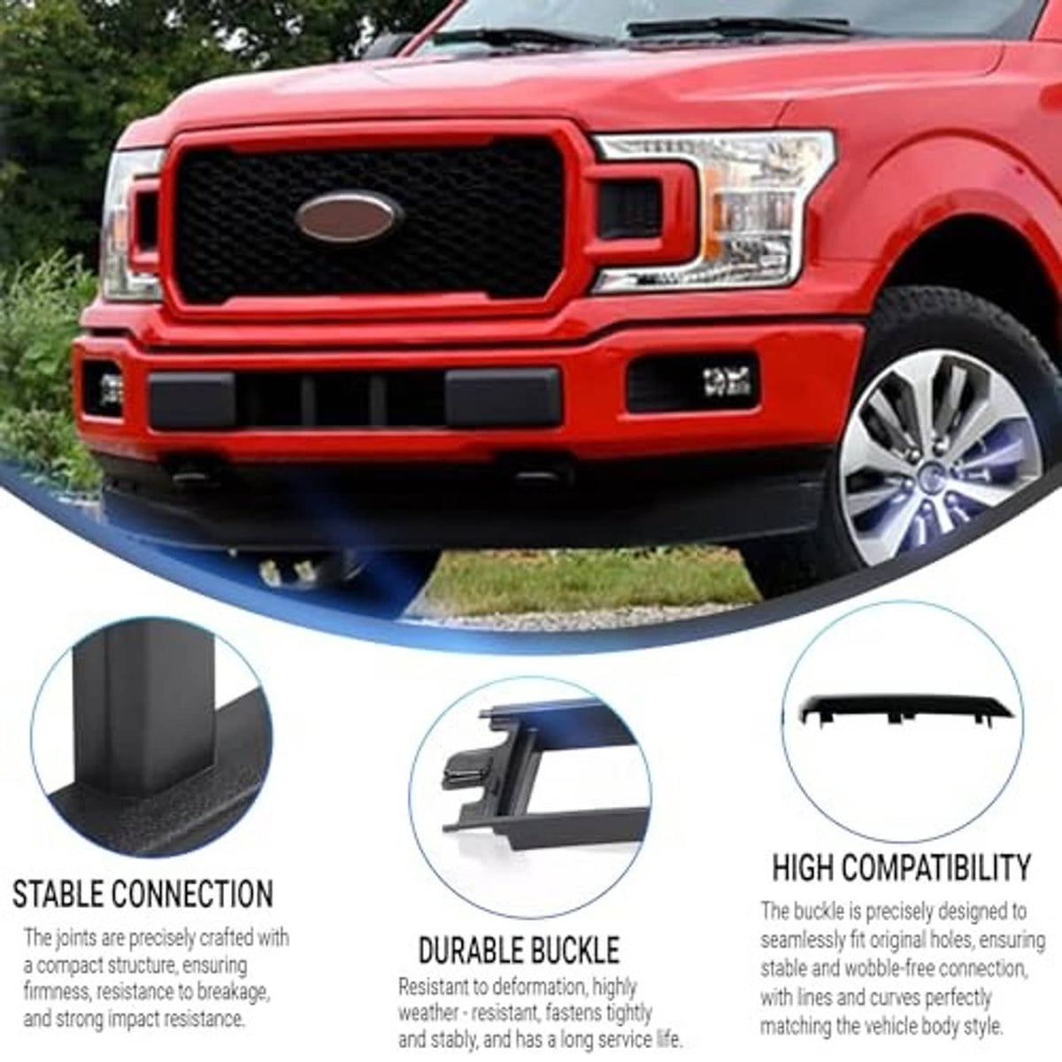 Black front grille insert trim set on red pickup front bumper area