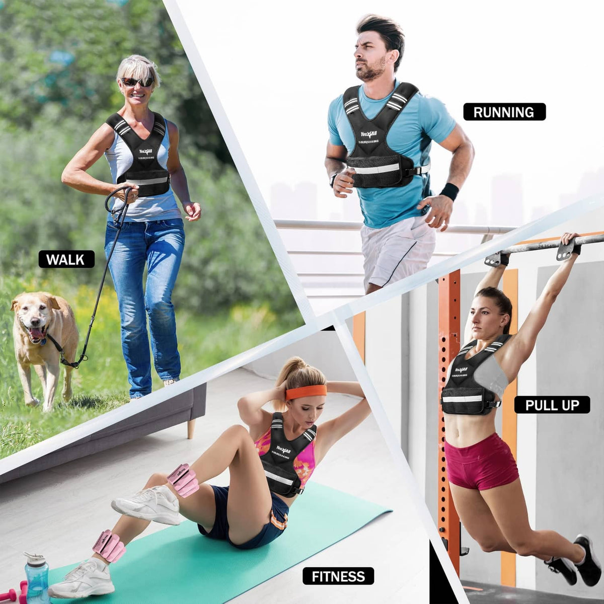 Black adjustable weighted vest with reflective stripes and adjustable shoulder straps