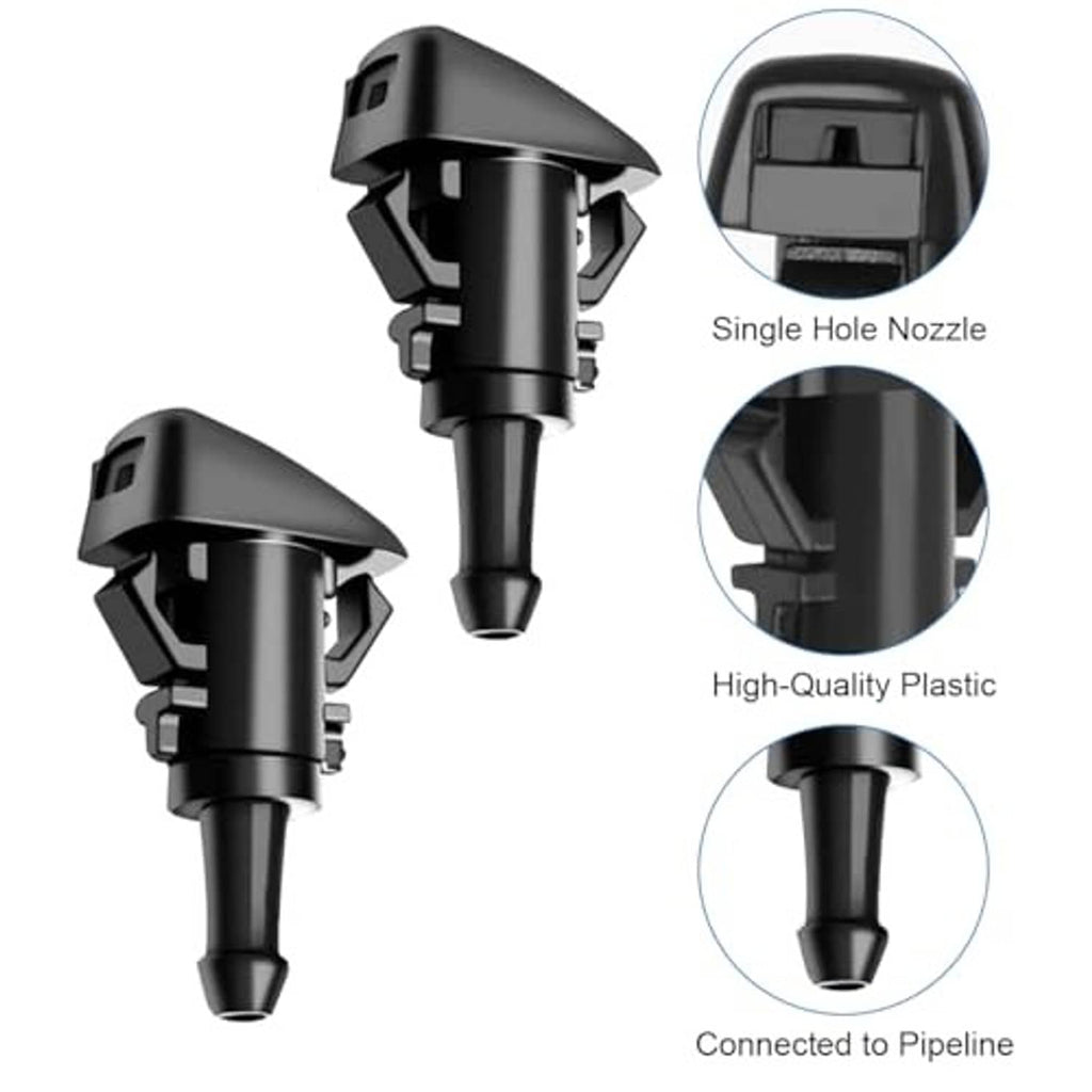 Two black windshield washer nozzles, single-hole spray design with outlet cap