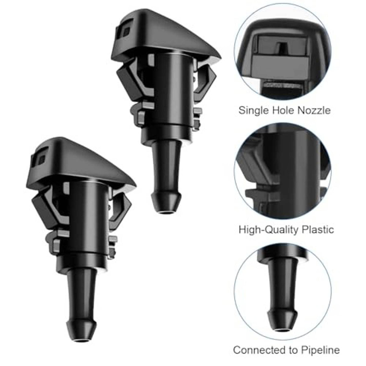 Two black windshield washer nozzles, single-hole spray design with outlet cap