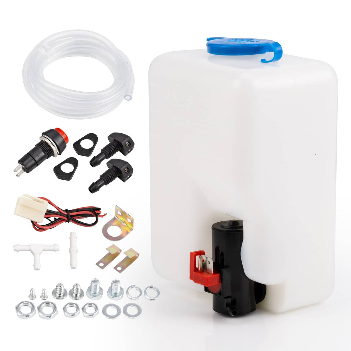 Washer pump reservoir kit with white tank, blue cap, clear hose and nozzles