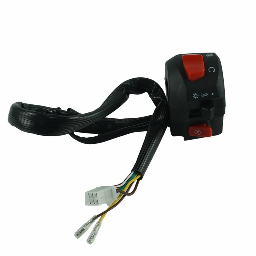 Motorcycle handlebar control switch with orange button and wired pigtail, black housing