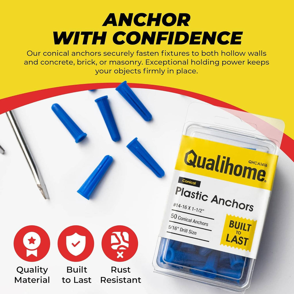 Blue conical plastic wall anchors scattered near the blister pack