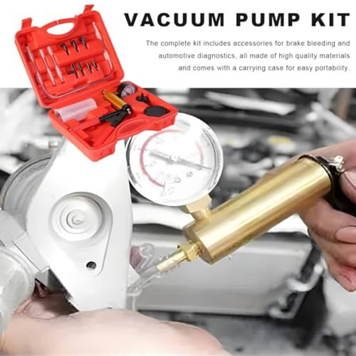 Brake bleeder vacuum pump kit in use with pressure gauge and gold cylinder