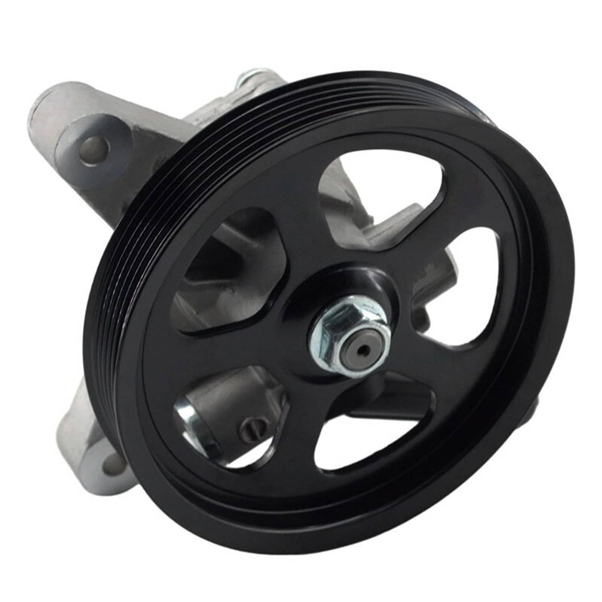 Power steering pump with black serpentine pulley and silver mounting bracket