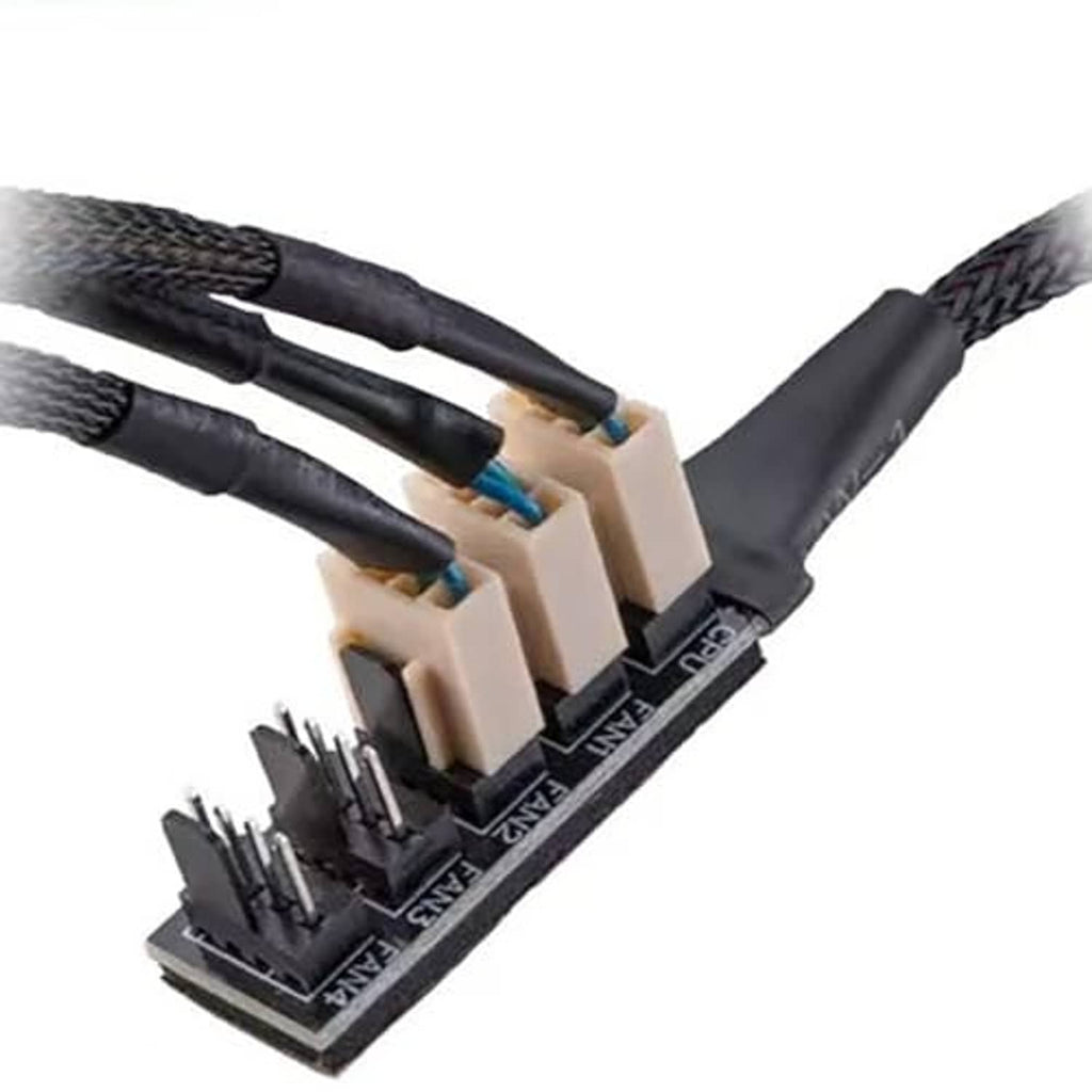 PWM fan hub splitter PCB with 4-pin headers and black braided cable plug