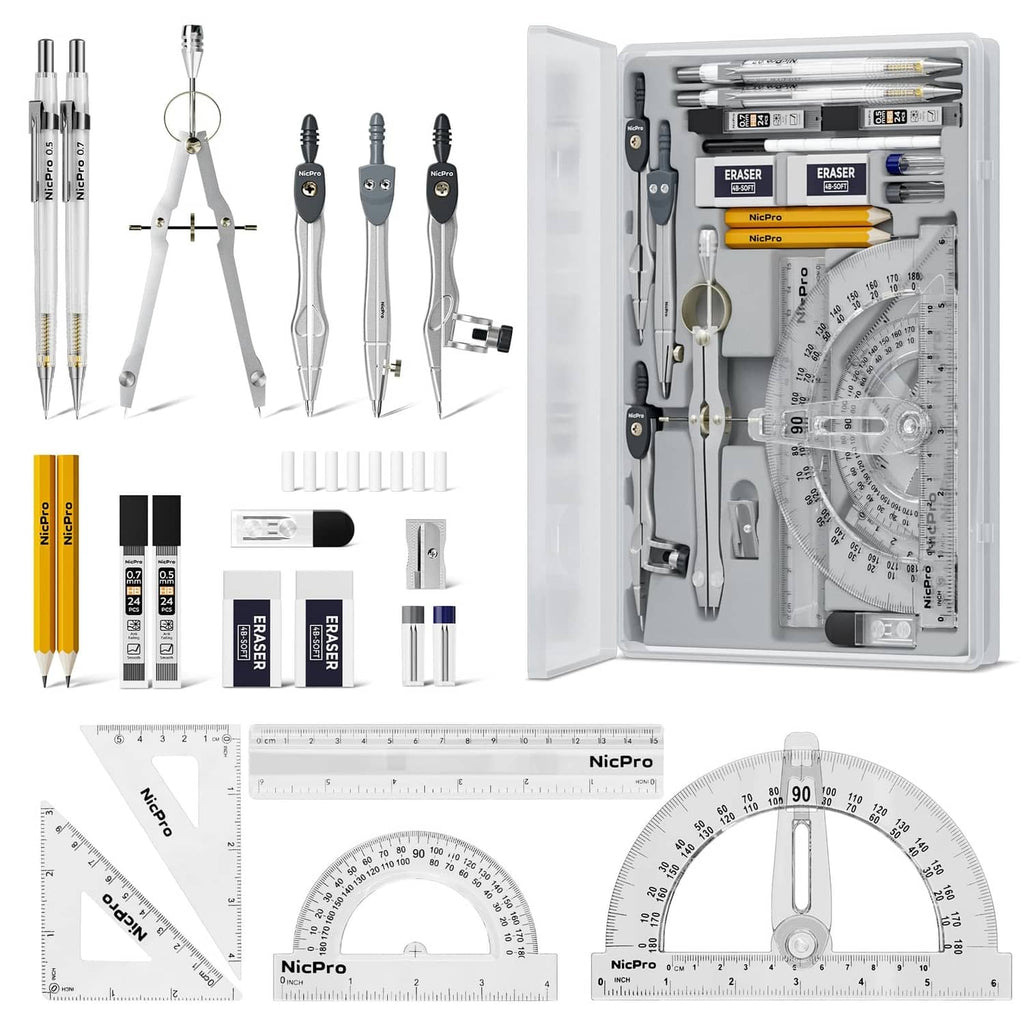 Geometry drafting set with hinged case, compass, protractor, rulers, pencils
