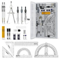 Geometry drafting set with hinged case, compass, protractor, rulers, pencils