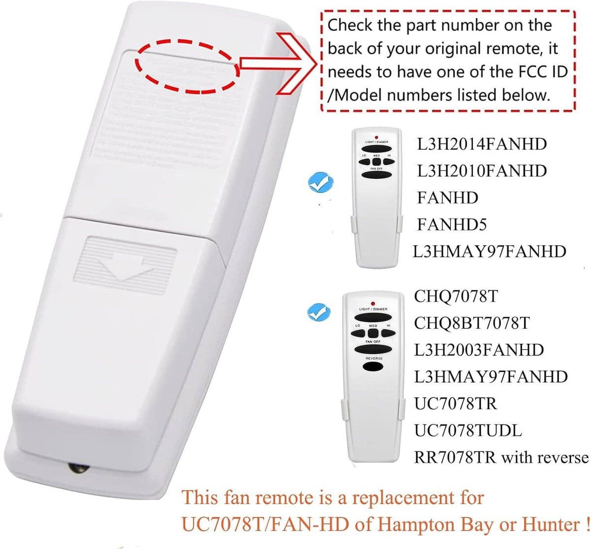 Ceiling fan remote control with side button panel and model number list