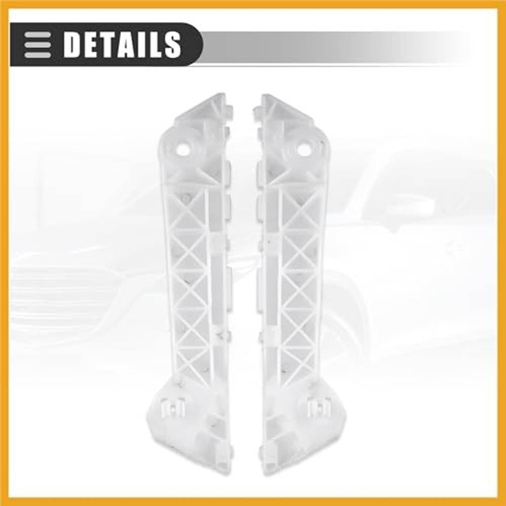 Close-up pair of front bumper bracket retainers, white plastic left and right