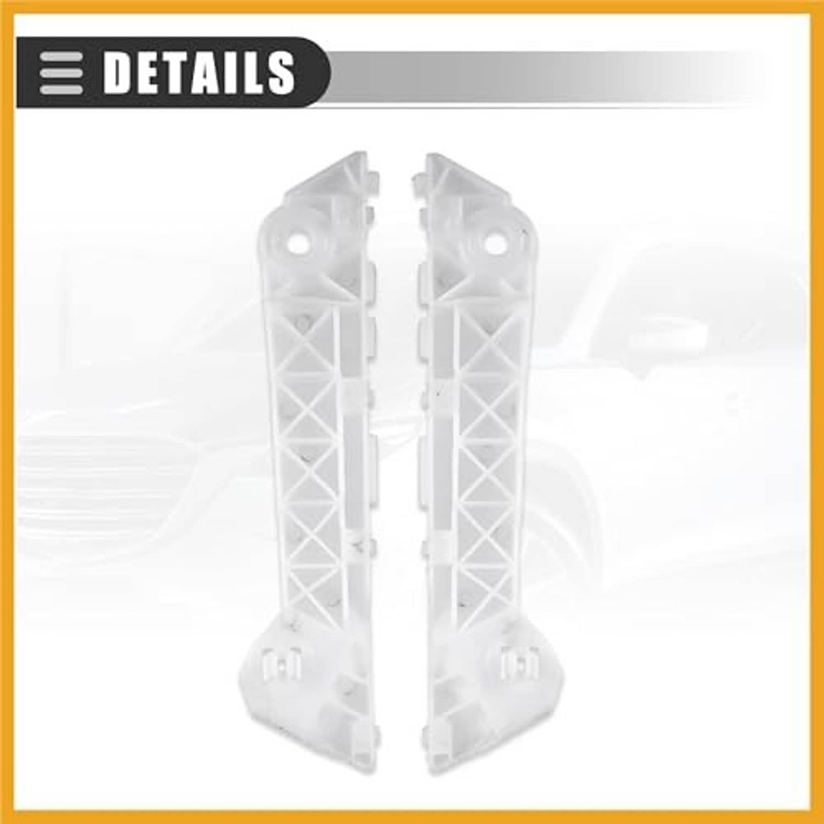 Close-up pair of front bumper bracket retainers, white plastic left and right