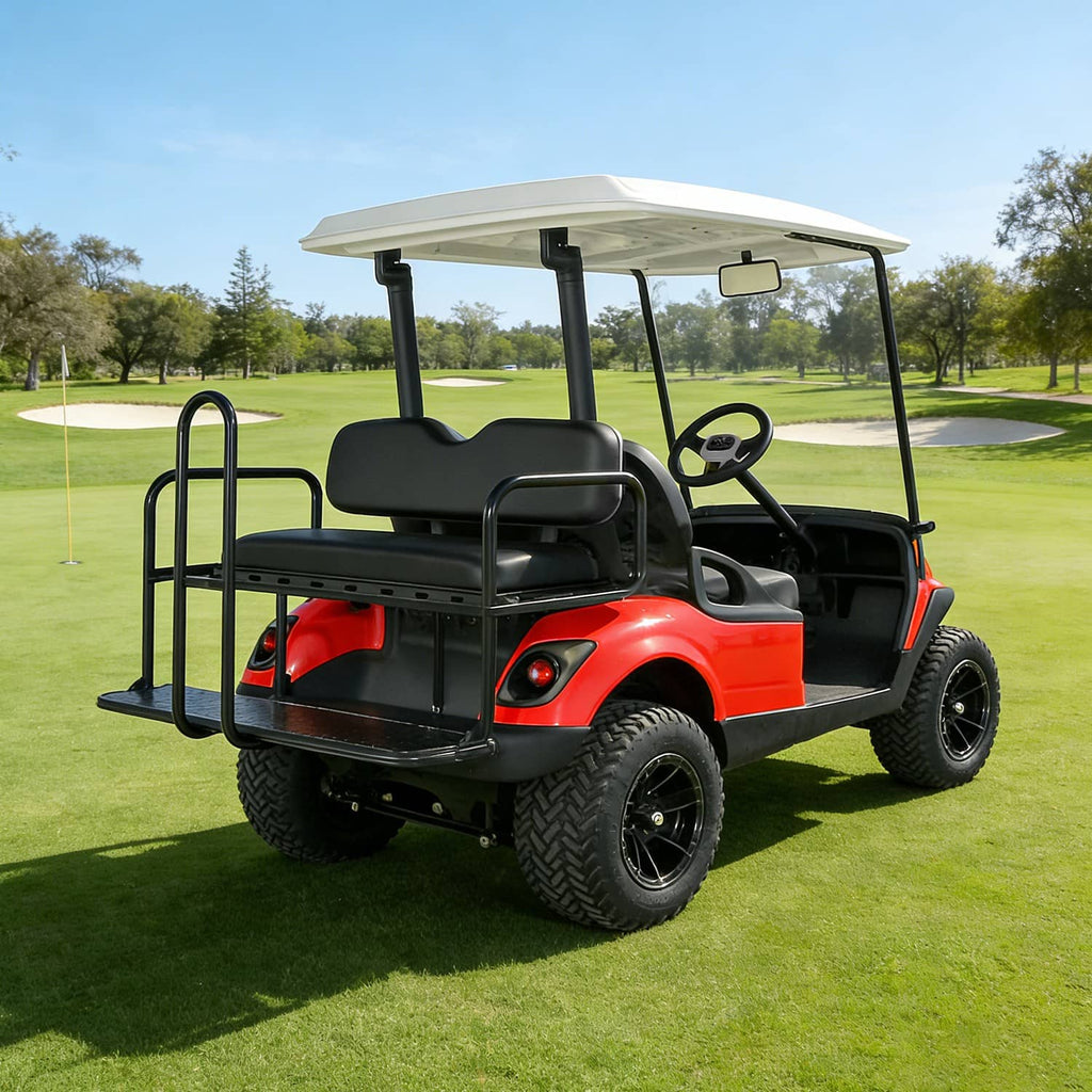 Black rear seat bottom and backrest cushions installed on golf cart