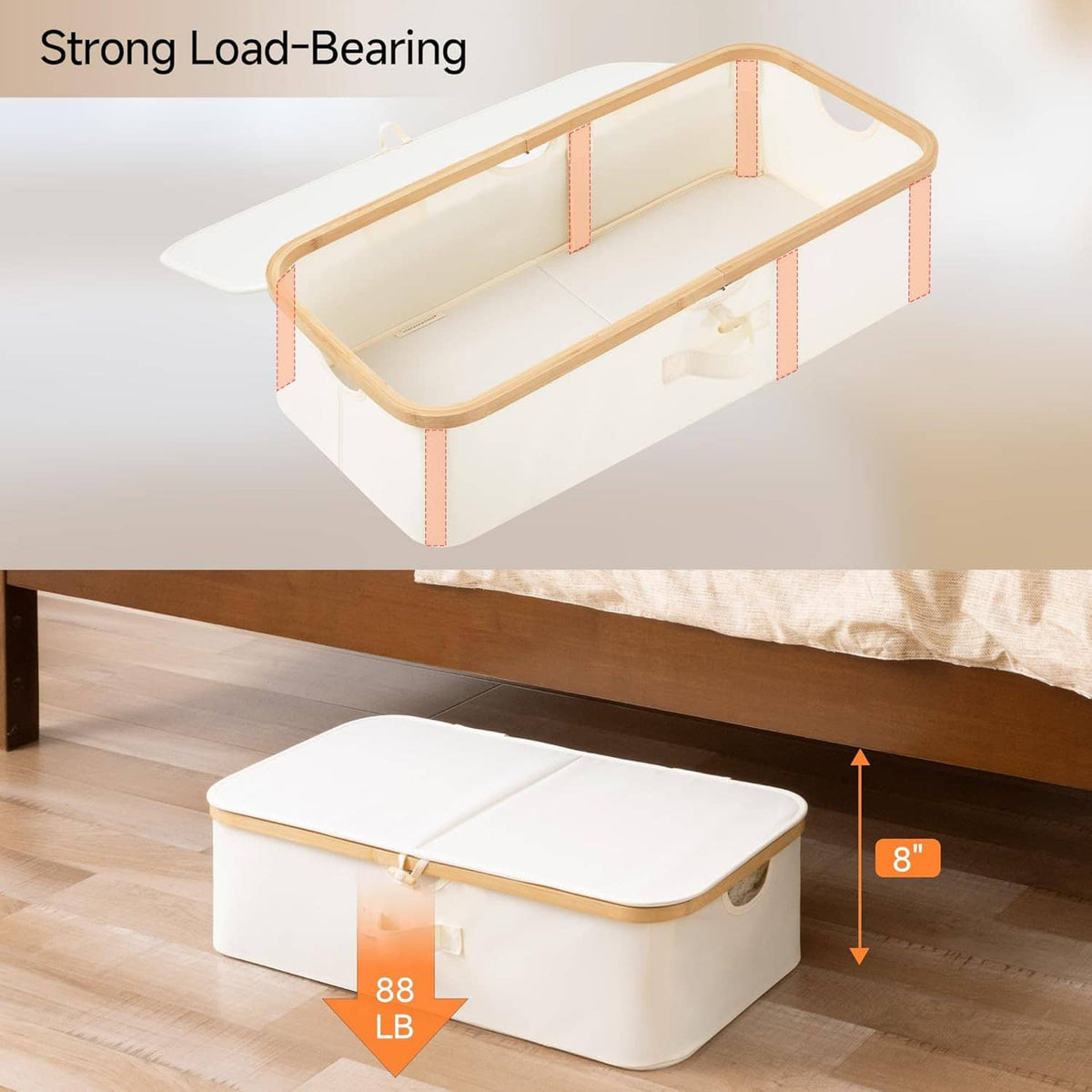 Reinforced under-bed storage bin with lid, white and tan trim, designed for heavy load