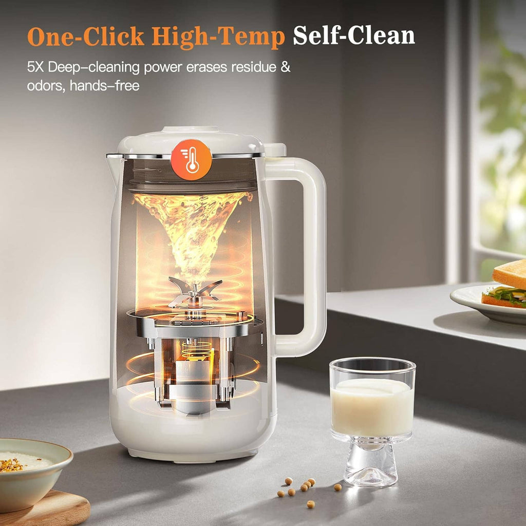 Cream nut milk maker with glass heating chamber and handle on side