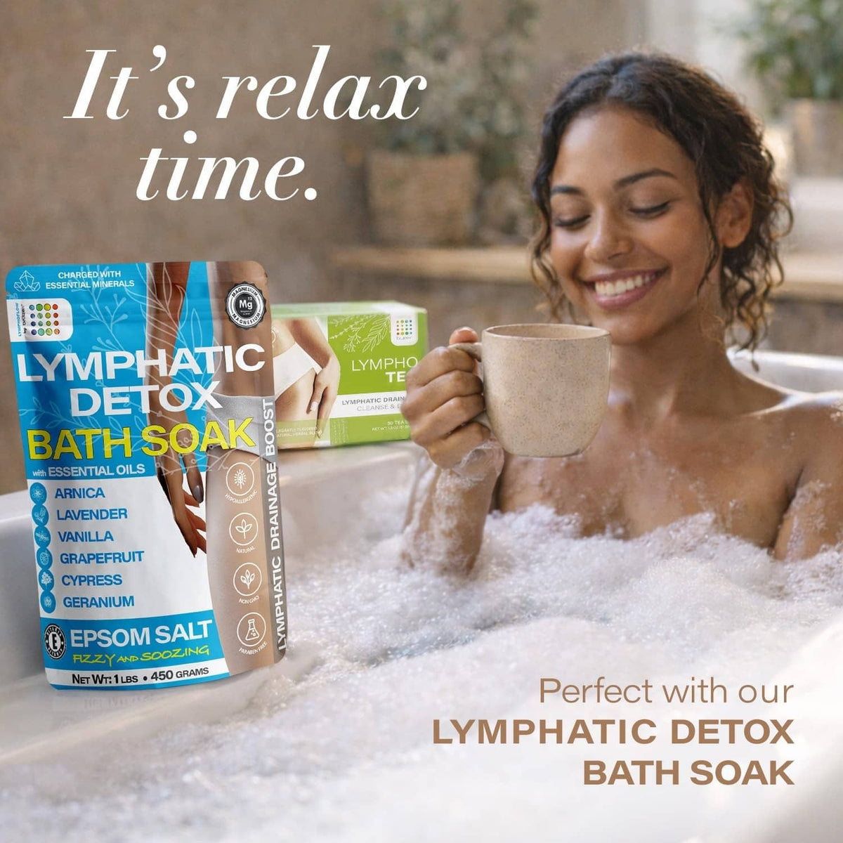 Lymphatic detox bath soak bag with tea boxes and mug in foam