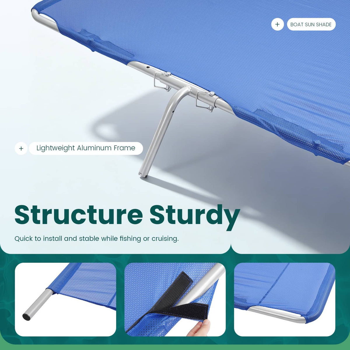 Blue boat sun shade with lightweight white aluminum legs and mounting bars