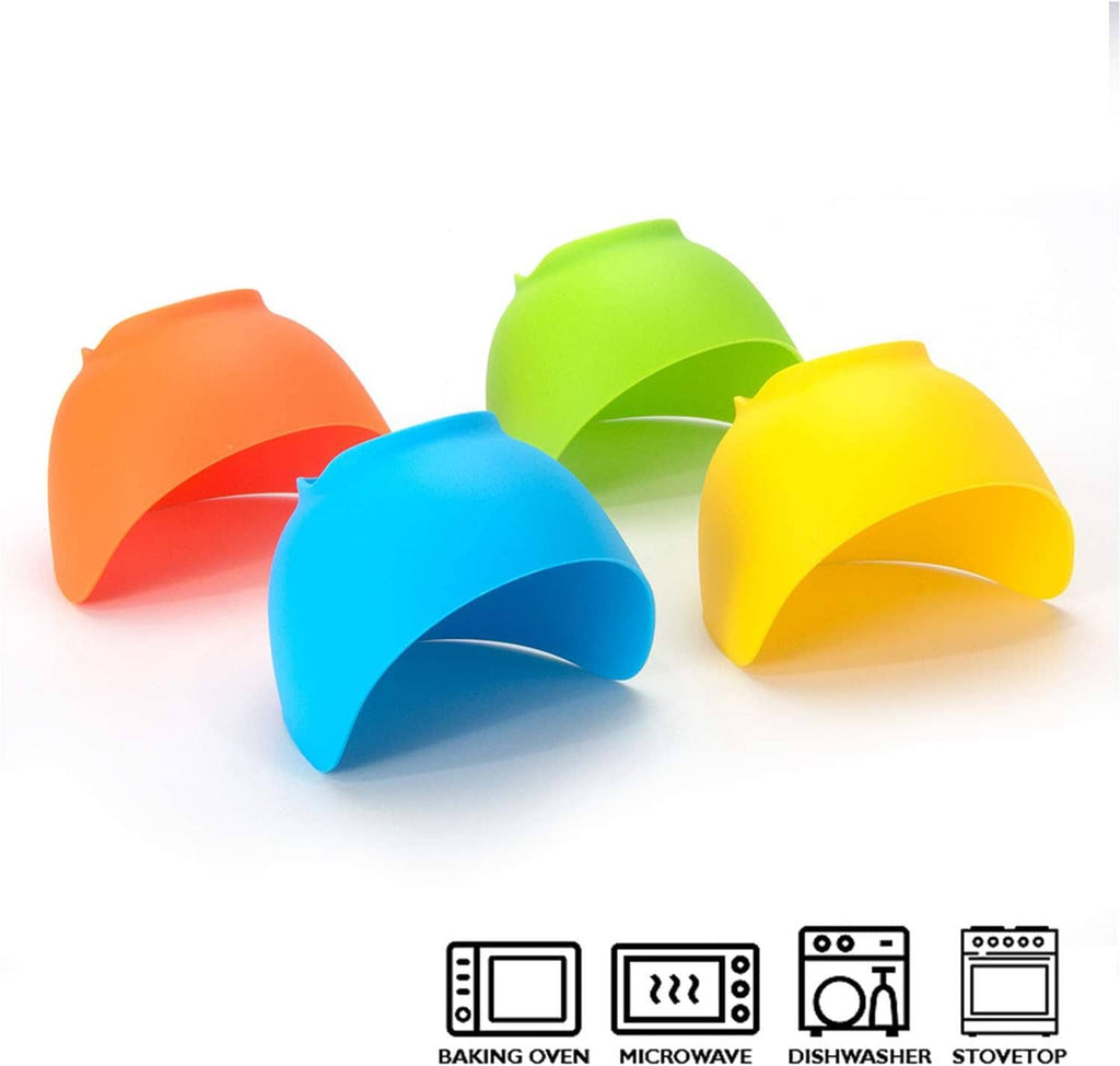 Five-piece silicone egg poacher cups in orange, green, blue, yellow and white
