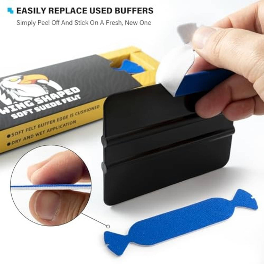 Hand peeling backing from a blue wing-shaped felt buffer pad next to black case