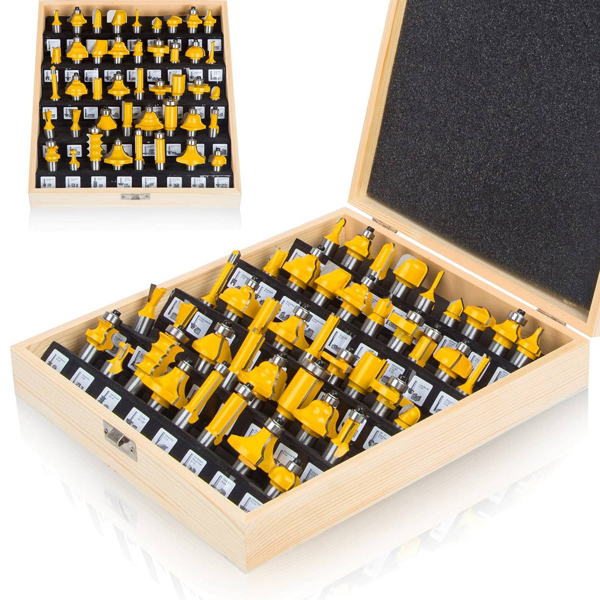 Wooden router bit set box filled with yellow-and-silver bits, open lid view