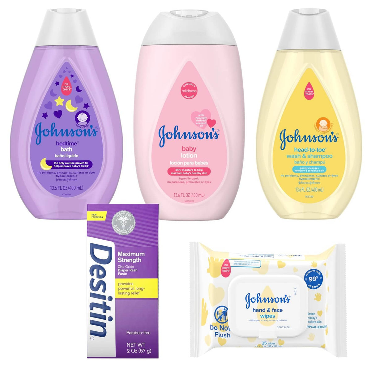 Three full-size baby bottles (purple, pink, yellow) with Desitin tube and wipes